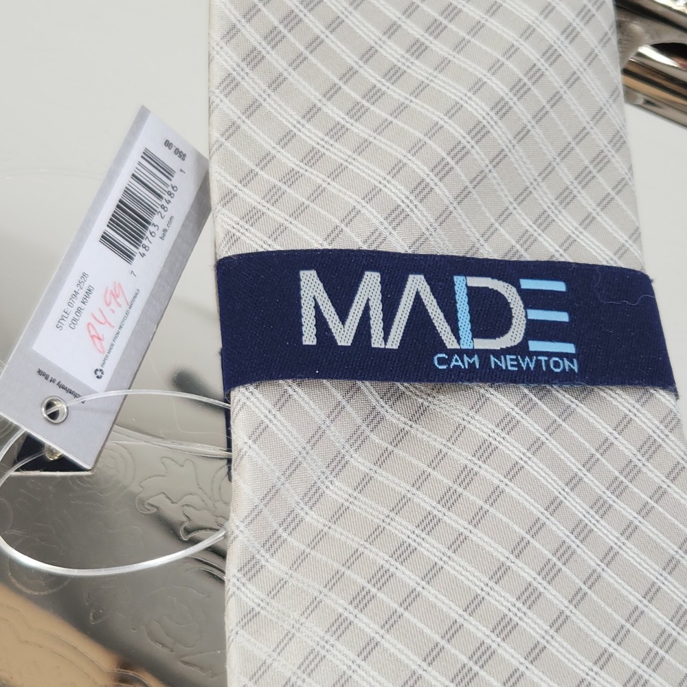 NEW Cam Newton Made Men's Neck Tie Silk Khaki With Silver Stripes 58½" X 3" - Picture 5 of 6